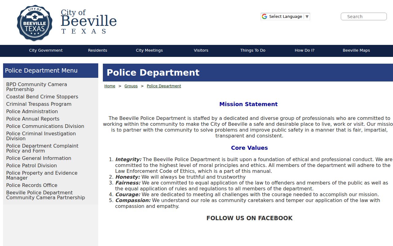 Beeville warrant records reference to Beeville Police Department contact page