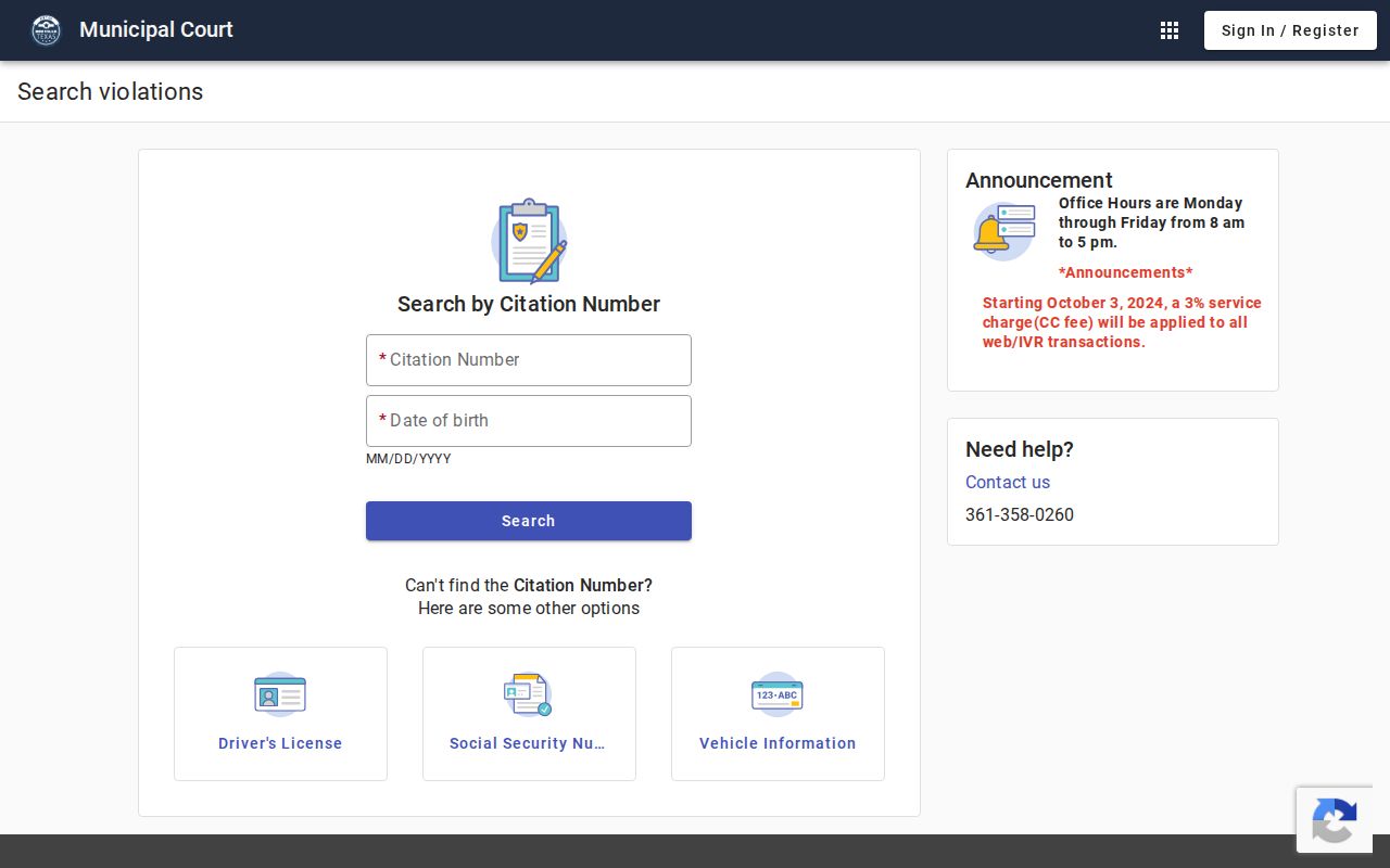 Beeville warrant record reference to the city's municipal citation search fields